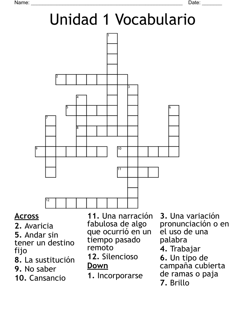 Unidad 1 Vocabulario Crossword