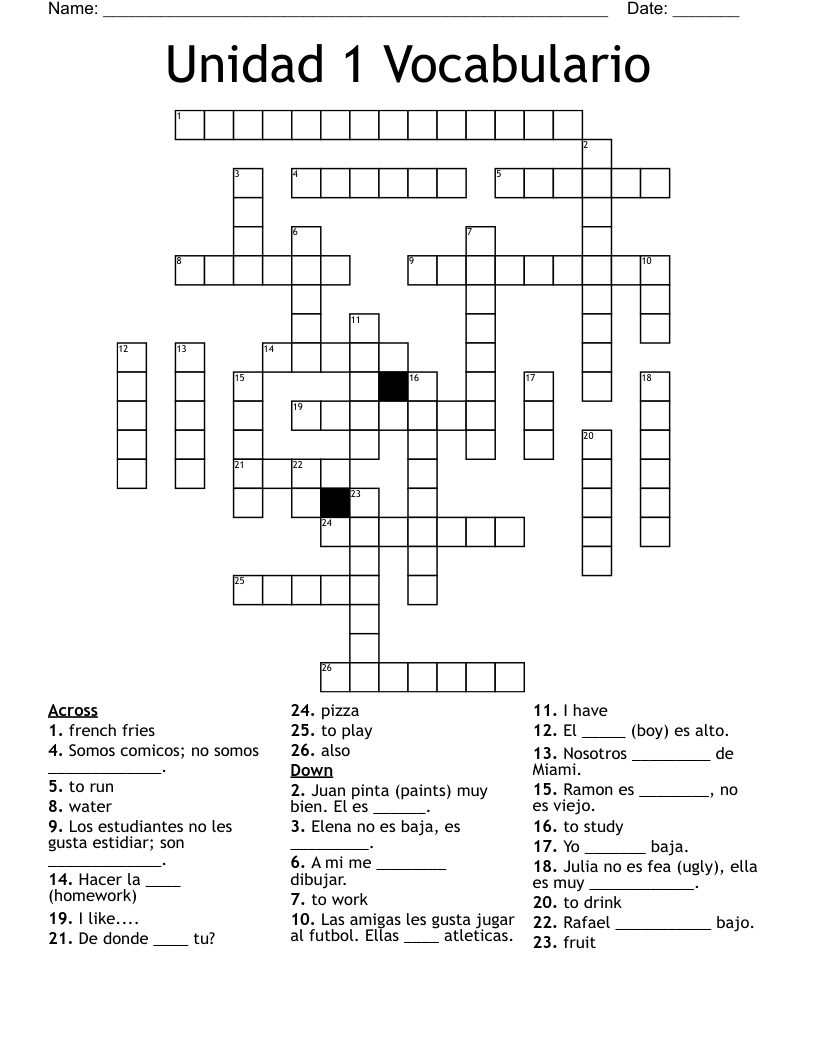 Unidad 1 Vocabulario Crossword