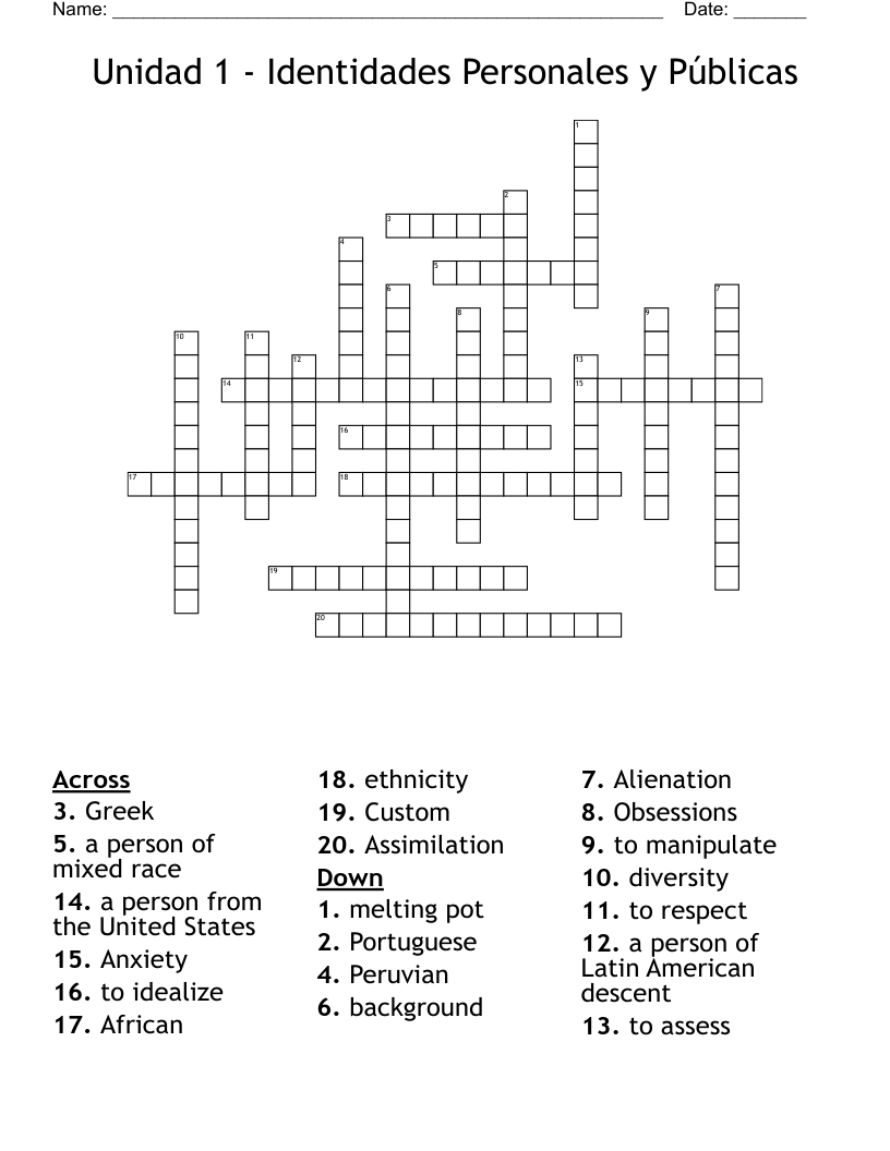 Unidad 1 - Identidades Personales y Públicas Crossword