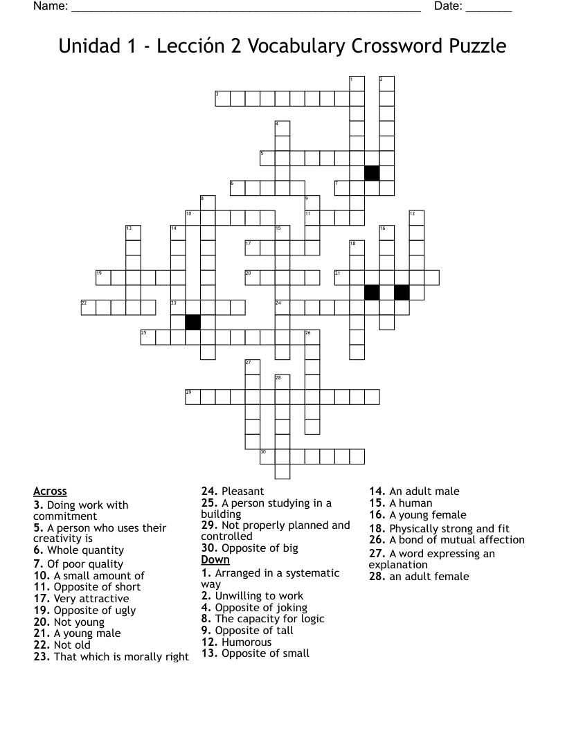 Unidad 1 - Lección 2 Vocabulary Crossword Puzzle