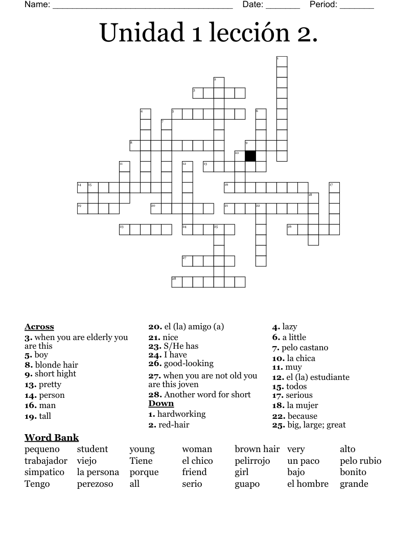 Unidad 1 lección 2. Crossword