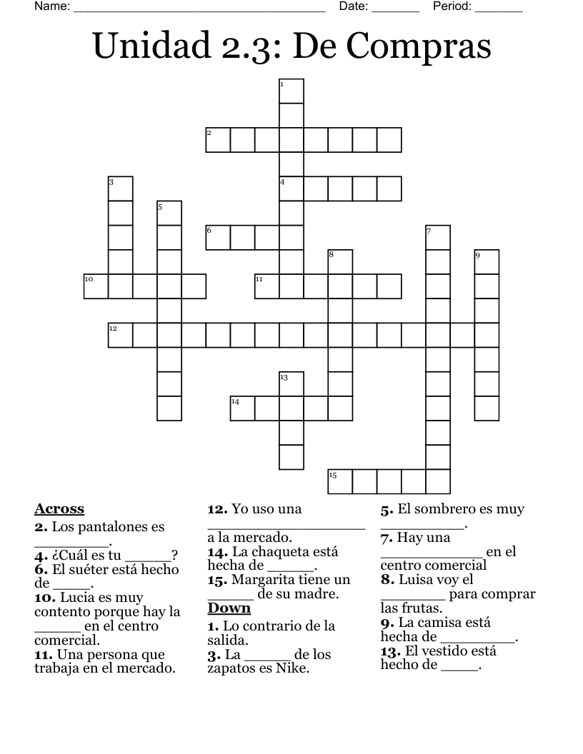 Unidad 2.3: De Compras Crossword