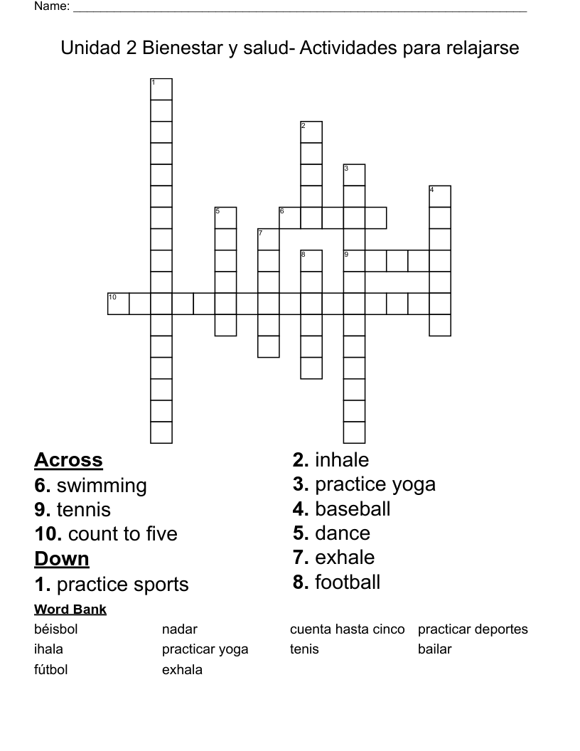 Unidad 2 Bienestar y salud- Actividades para relajarse Crossword