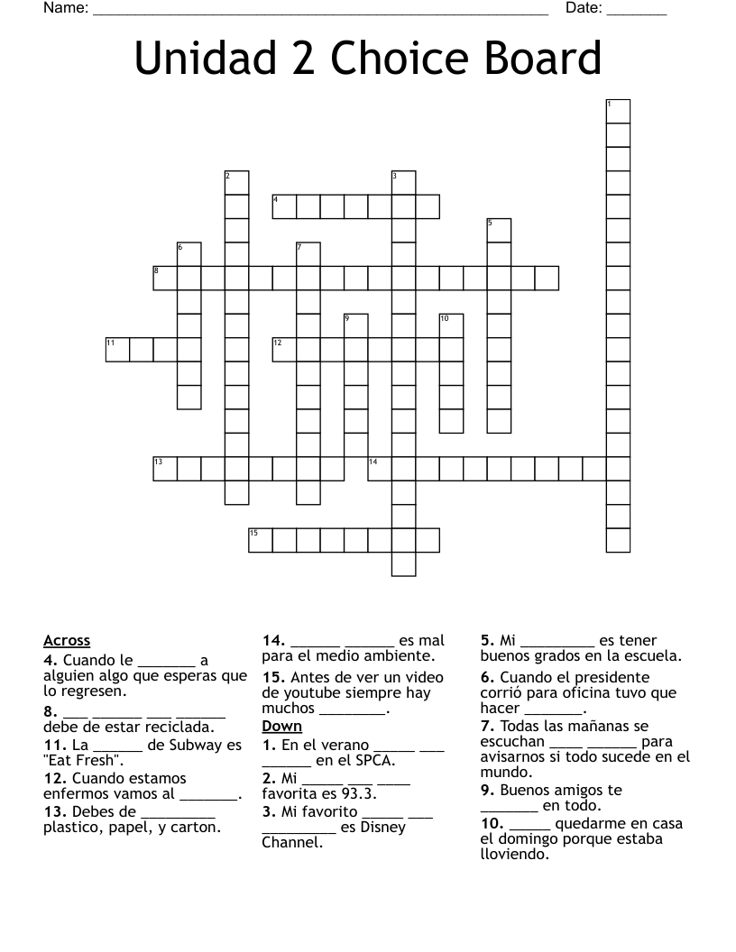 Unidad 2 Choice Board  Crossword