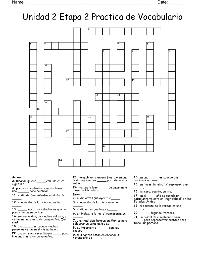 Unidad 2 Etapa 2 Practica de Vocabulario  Crossword