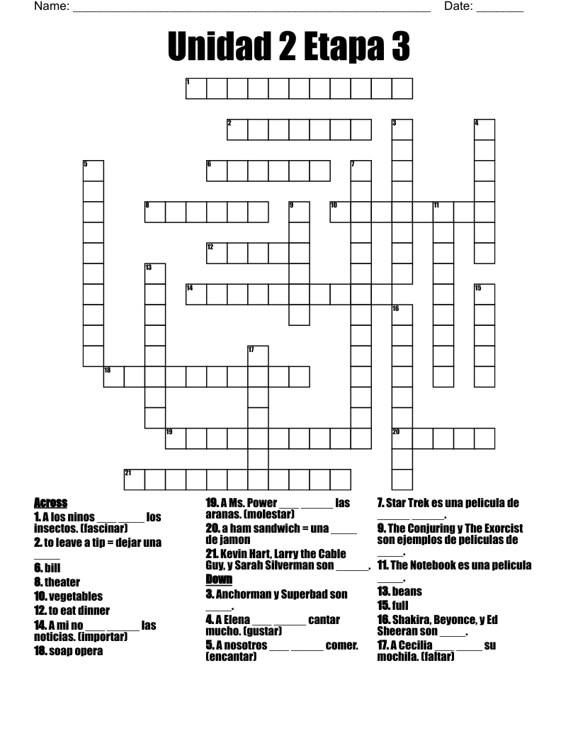 Unidad 2 Etapa 3 Crossword