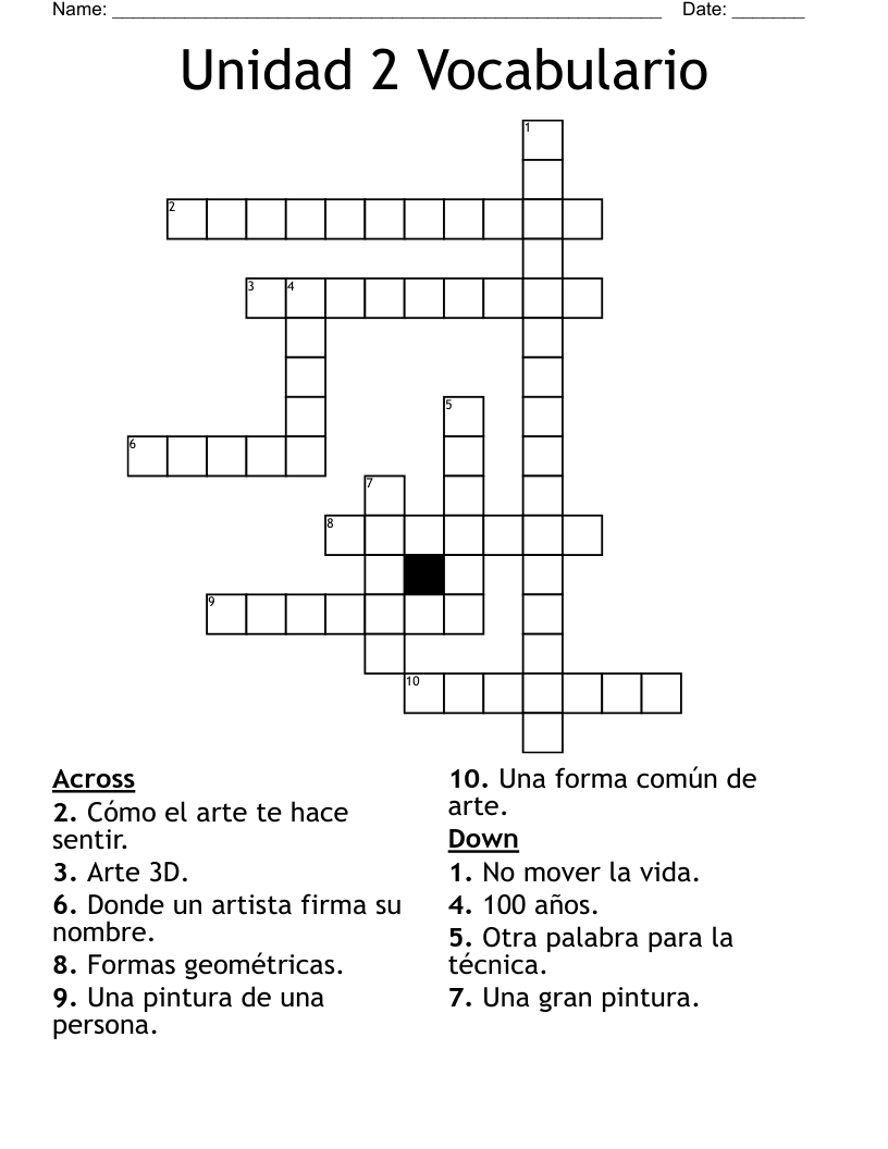 Unidad 2 Vocabulario Crossword