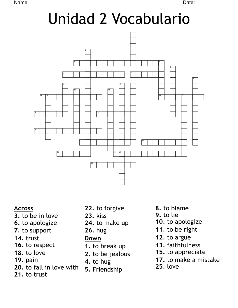 Unidad 2 Vocabulario Crossword
