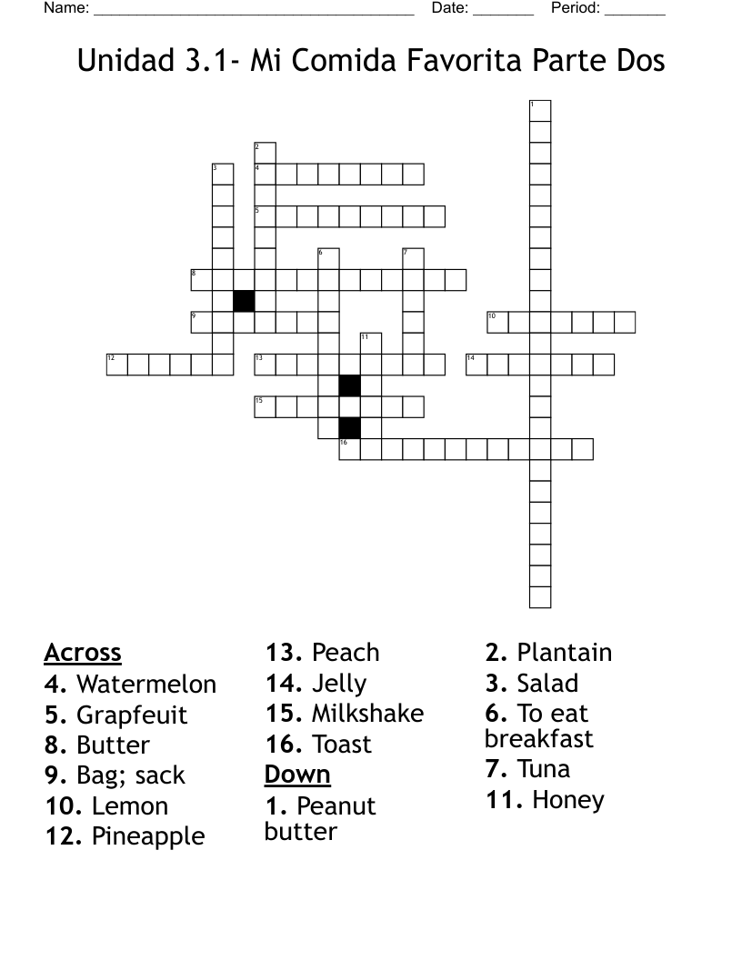 Unidad 3.1- Mi Comida Favorita Parte Dos Crossword