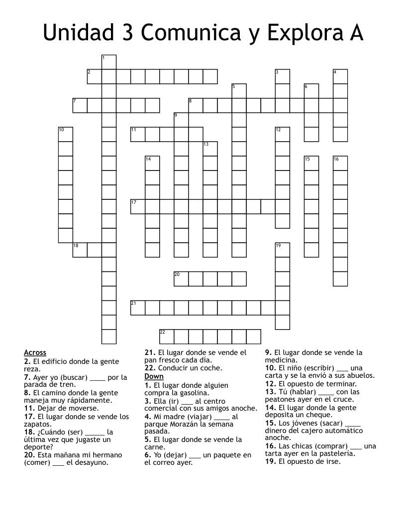 Unidad 3 Comunica y Explora A Crossword