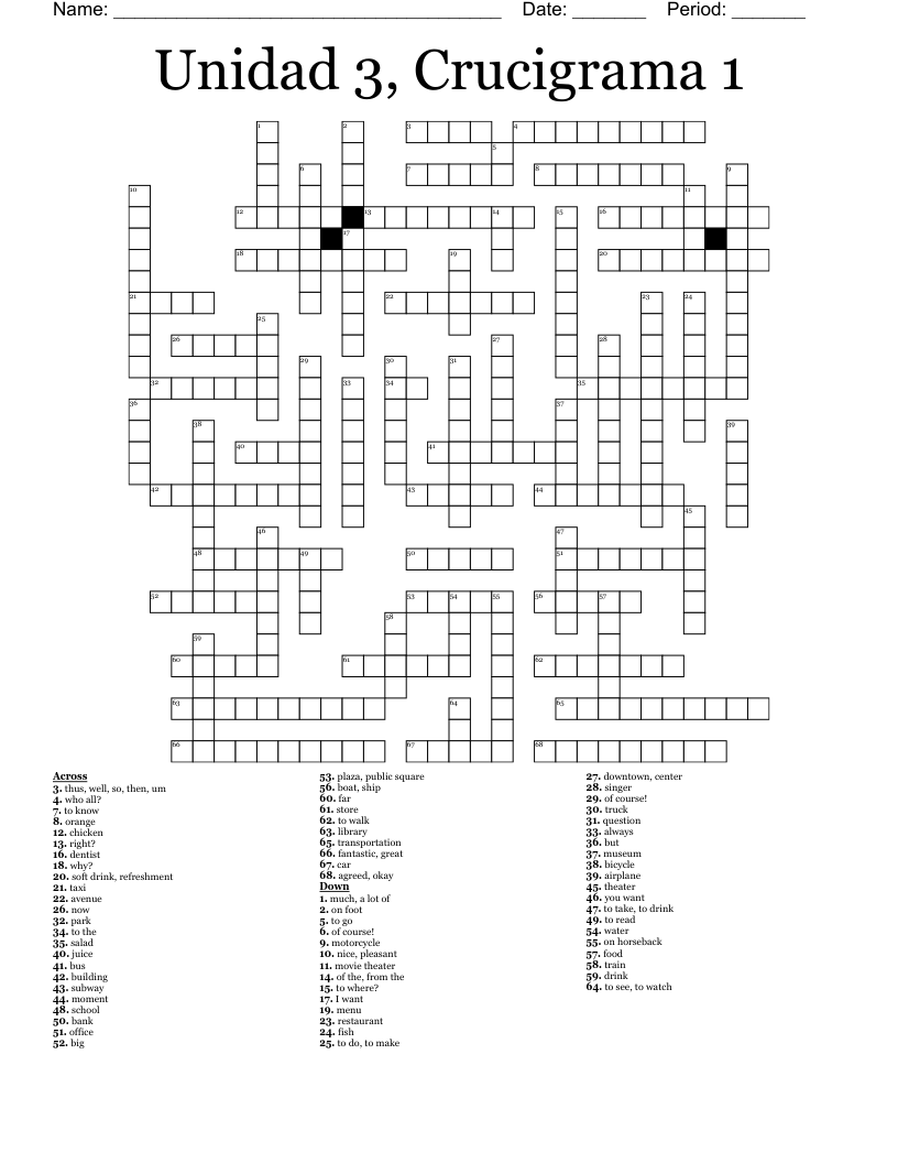 Unidad 3, Crucigrama 1 Crossword