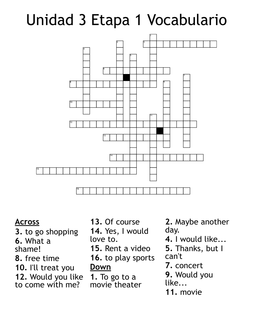 Unidad 3 Etapa 1 Vocabulario Crossword