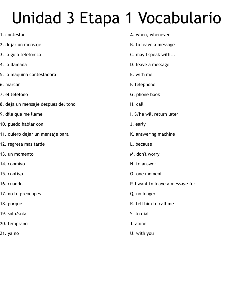 Unidad 3 Etapa 1 Vocabulario Worksheet