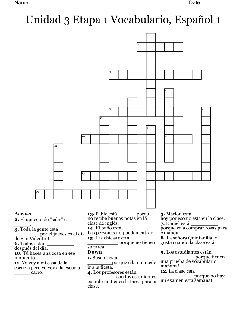 Unidad 3 Etapa 1 Vocabulario, Español 1 Crossword