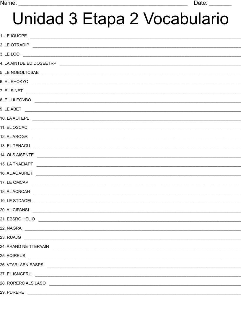 Unidad 3 Etapa 2 Vocabulario Word Scramble