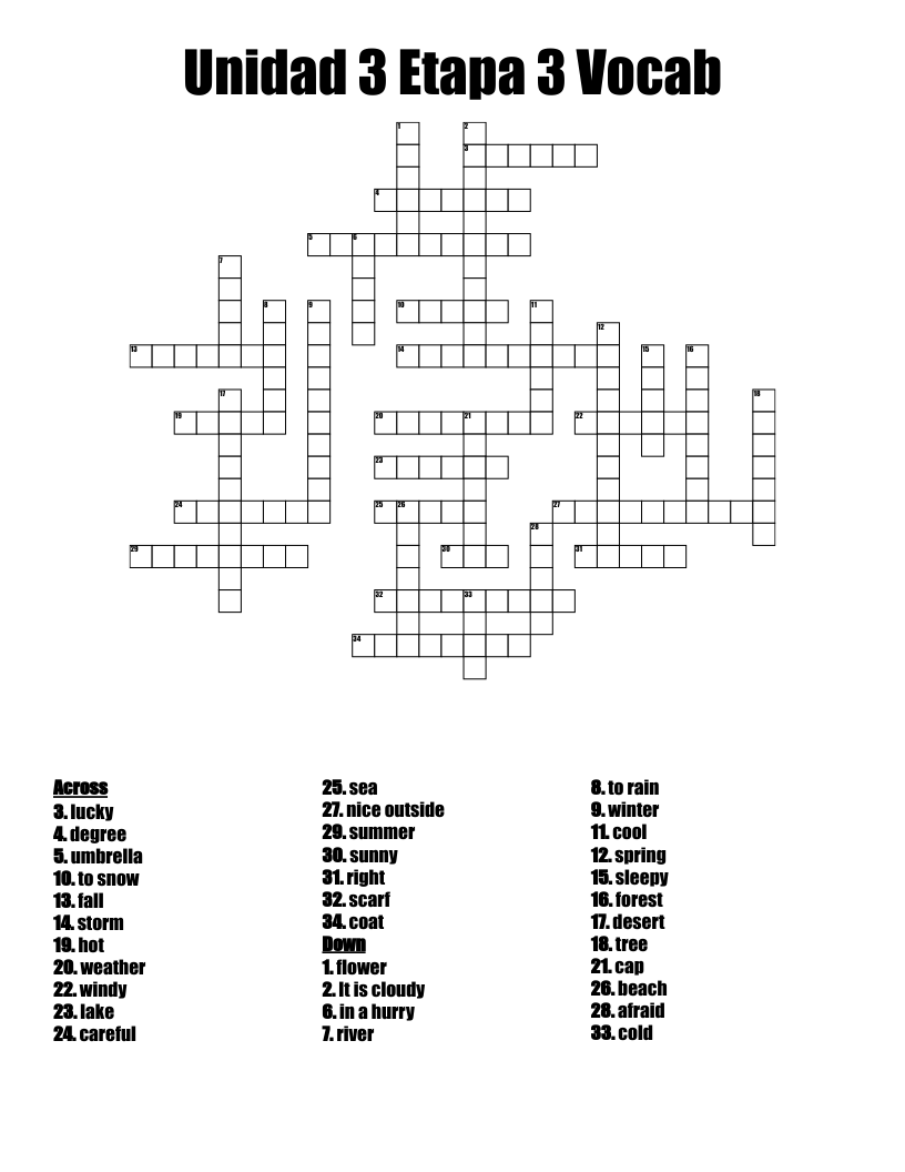 Unidad 3 Etapa 3 Vocab Crossword