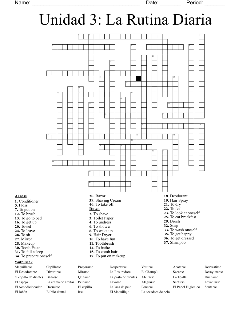 Unidad 3: La Rutina Diaria Crossword