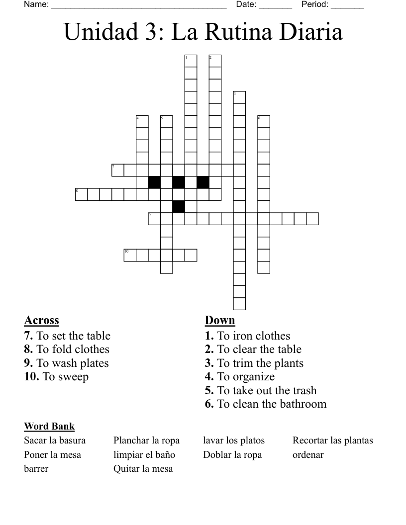 Unidad 3: La Rutina Diaria Crossword