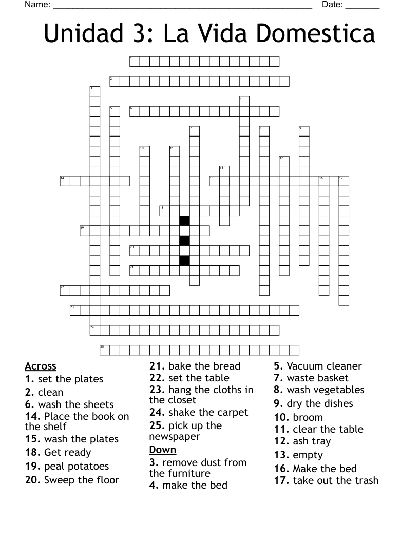 Unidad 3: La Vida Domestica Crossword