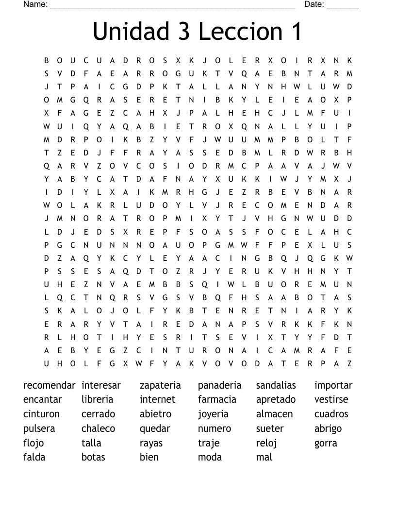Unidad 3 Leccion 1 Word Search