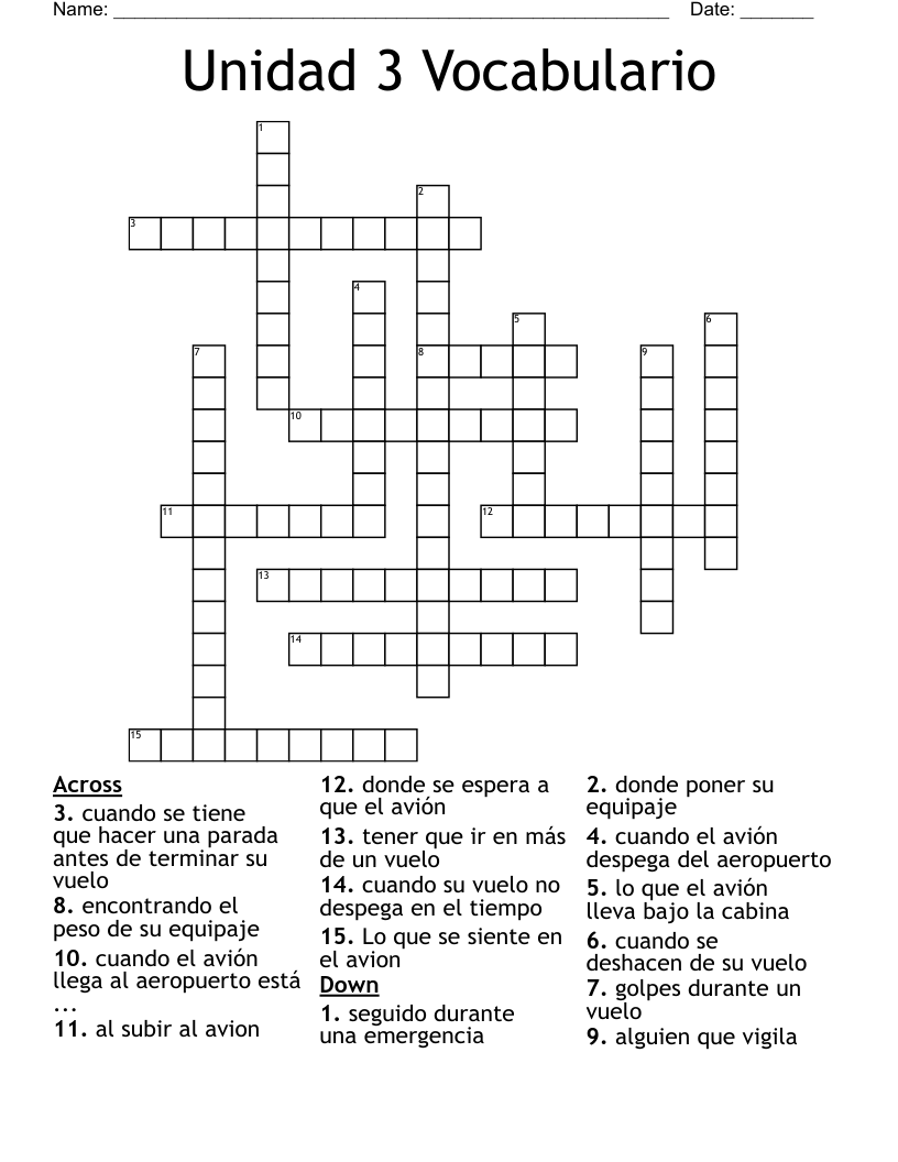 Unidad 3 Vocabulario Crossword