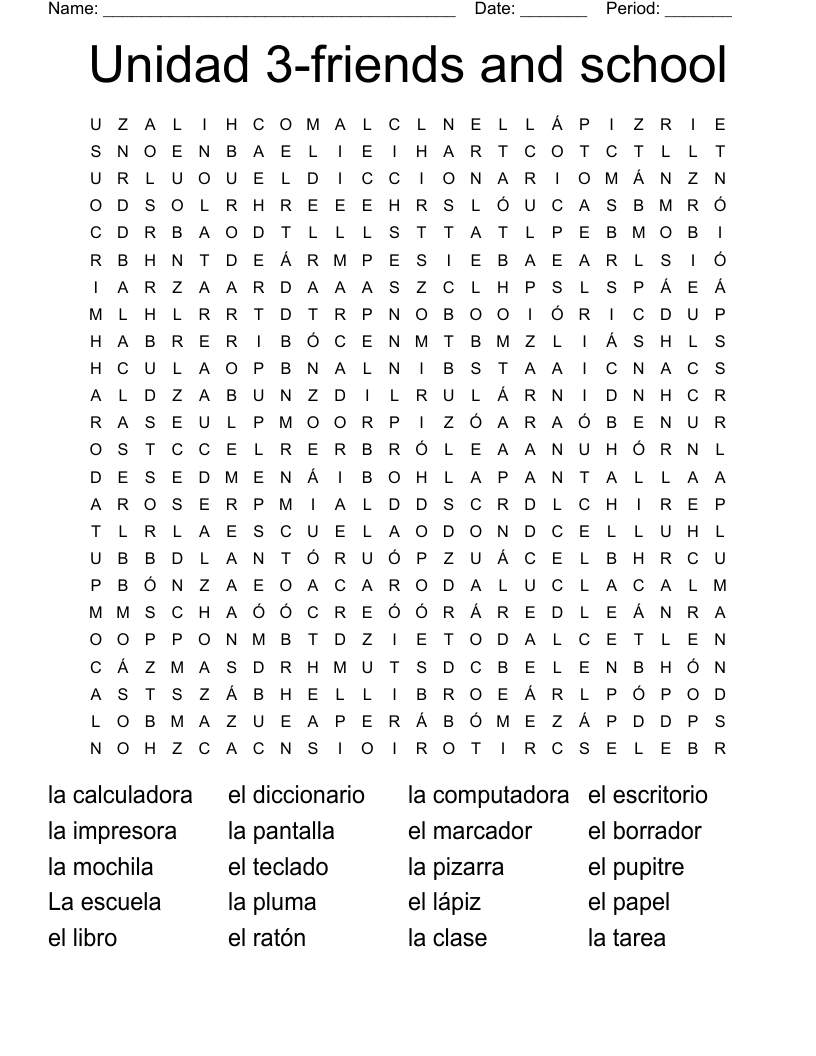Unidad 3-friends and school Word Search