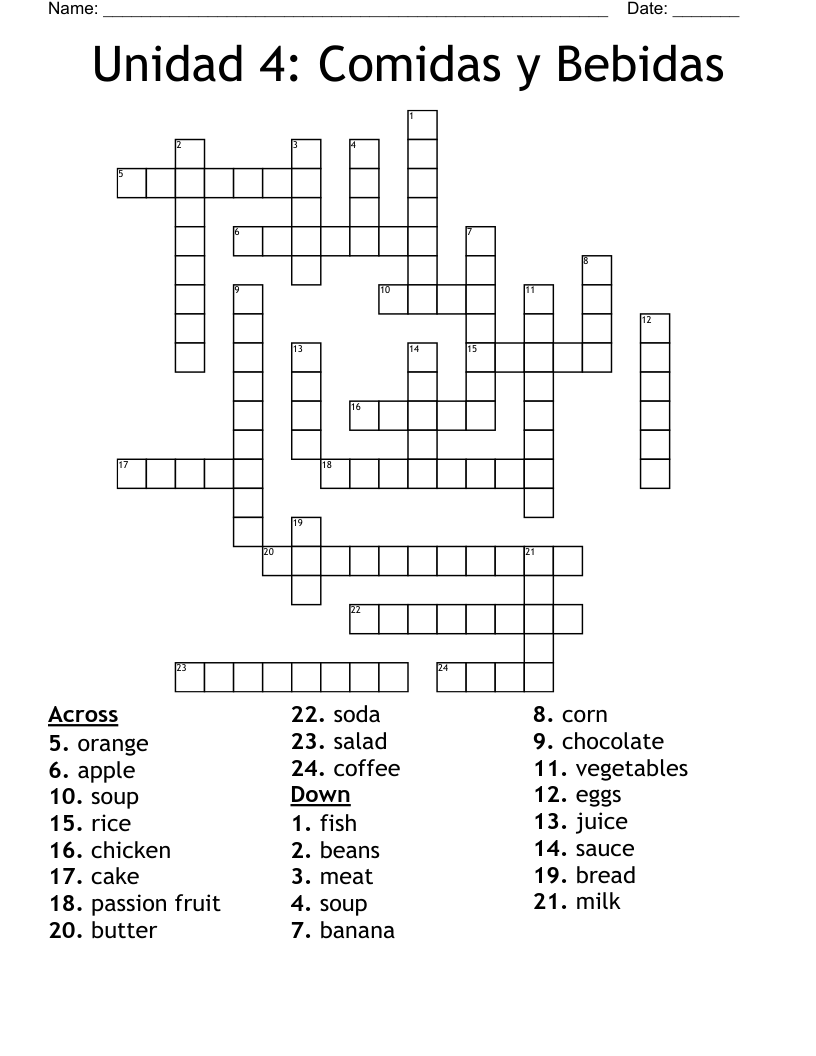 Unidad 4: Comidas y Bebidas  Crossword