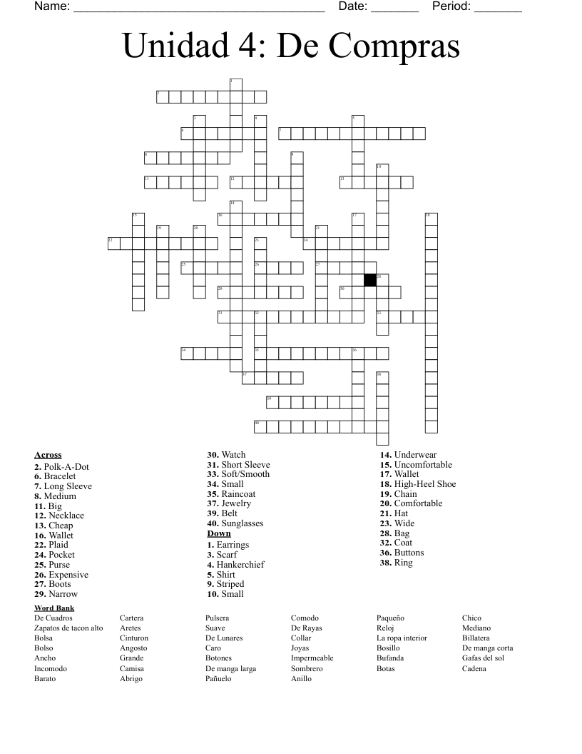Unidad 4: De Compras Crossword