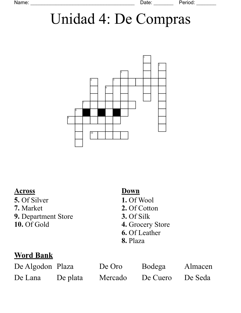 Unidad 4: De Compras Crossword