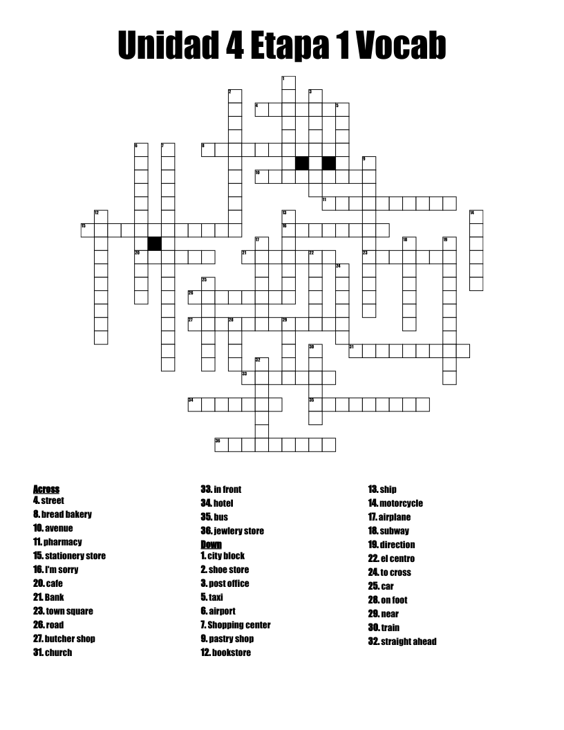 Unidad 4 Etapa 1 Vocab Crossword