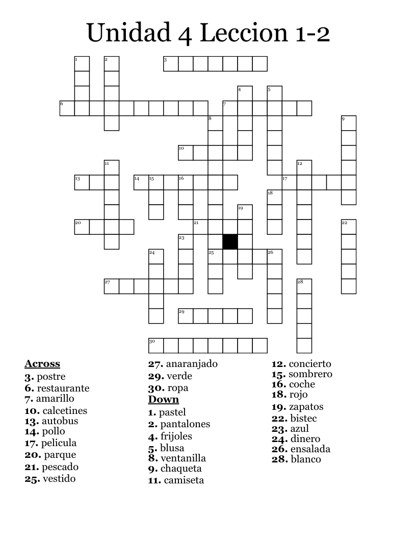 Unidad 4 Leccion 1-2 Crossword