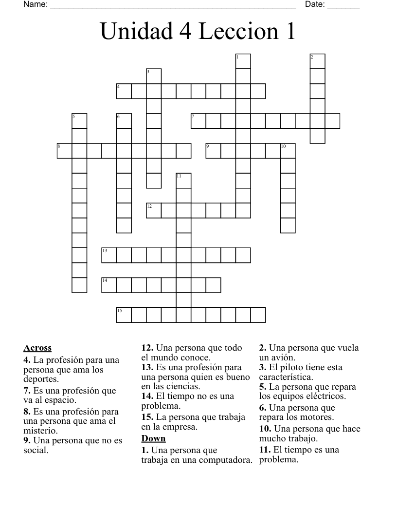 Unidad 4 Leccion 1  Crossword