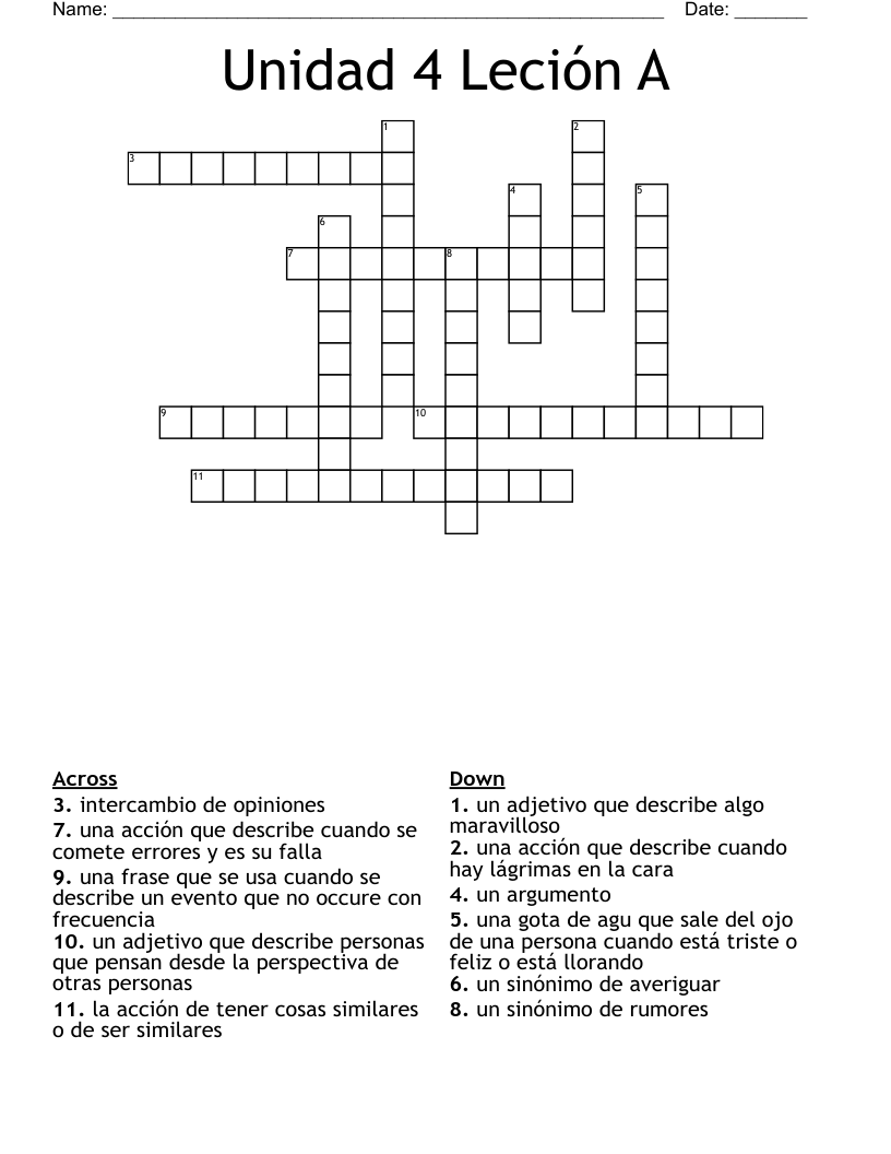 Unidad 4 Leción A  Crossword