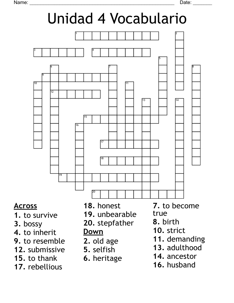Unidad 4 Vocabulario Crossword