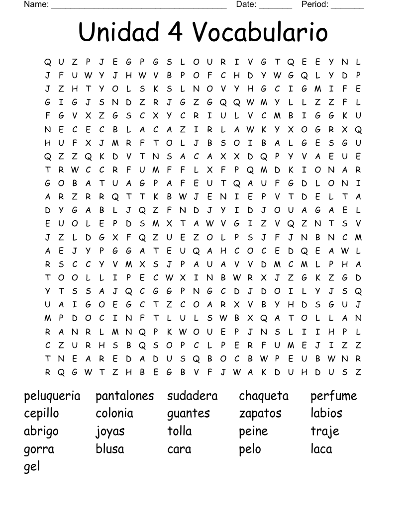 Unidad 4 Vocabulario Word Search