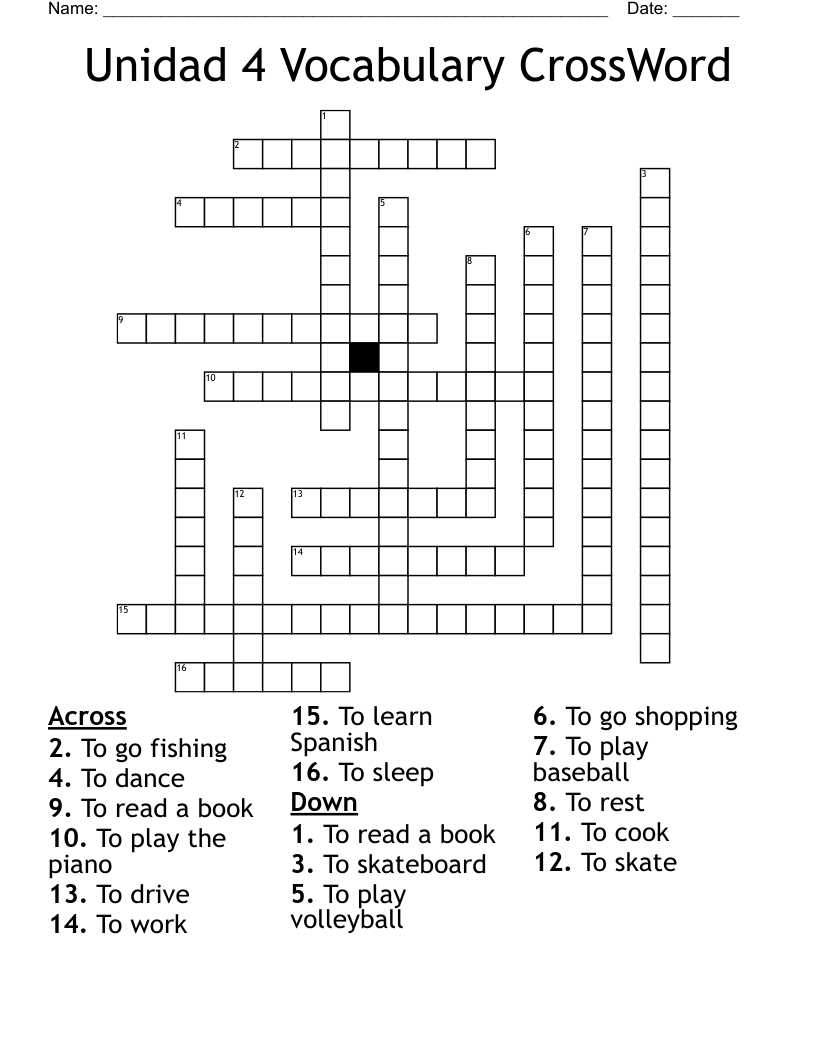 Unidad 4 Vocabulary CrossWord