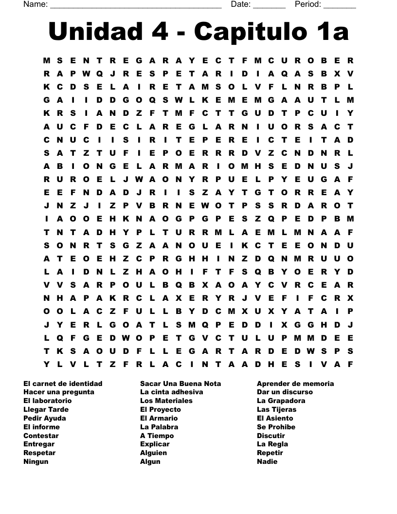 Unidad 4 - Capitulo 1a Word Search