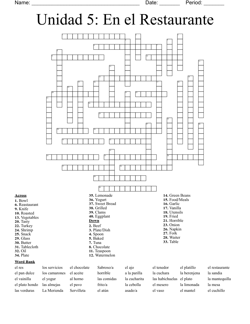Unidad 5: En el Restaurante Crossword