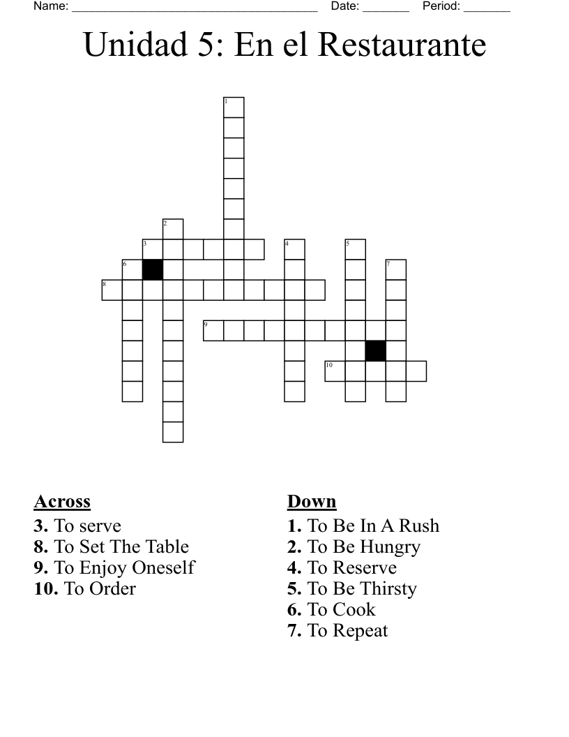 Unidad 5: En el Restaurante Crossword