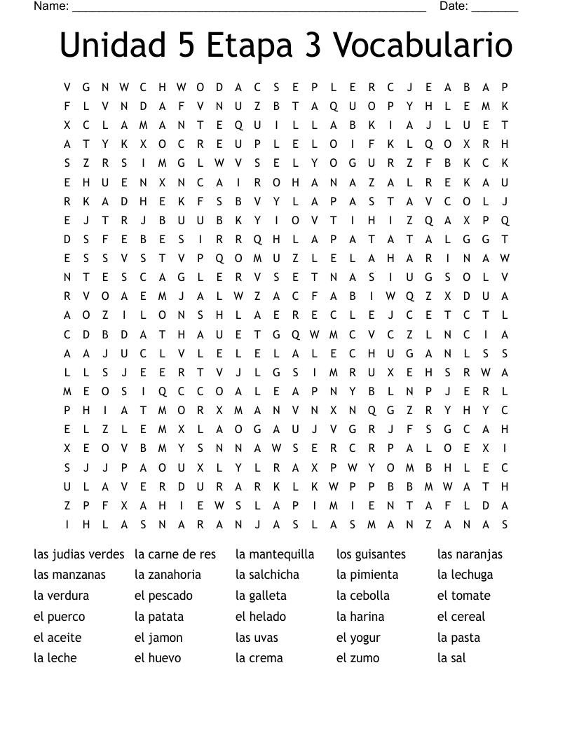 Unidad 5 Etapa 3 Vocabulario Word Search