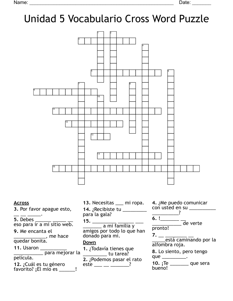Unidad 5 Vocabulario Cross Word Puzzle