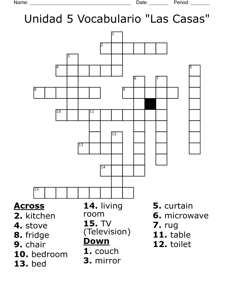 Unidad 5 Vocabulario "Las Casas" Crossword