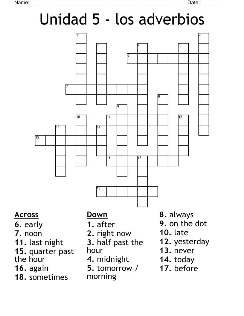 Unidad 5 - los adverbios Crossword