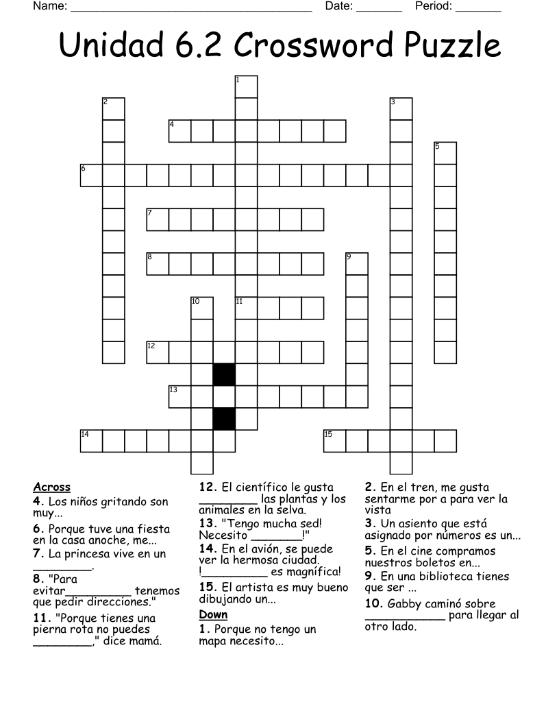 Unidad 6.2 Crossword Puzzle