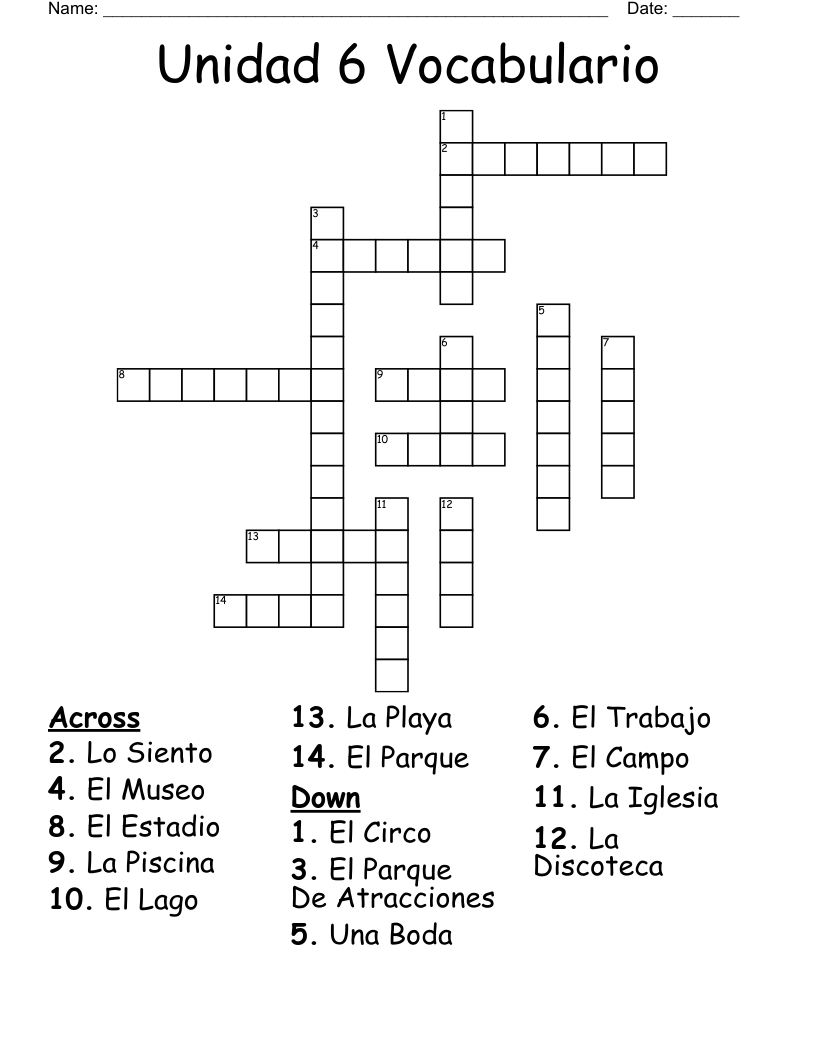 Unidad 6 Vocabulario Crossword