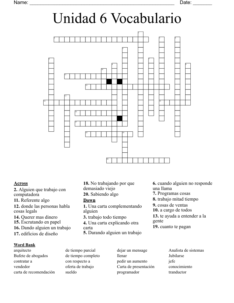 Unidad 6 Vocabulario Crossword