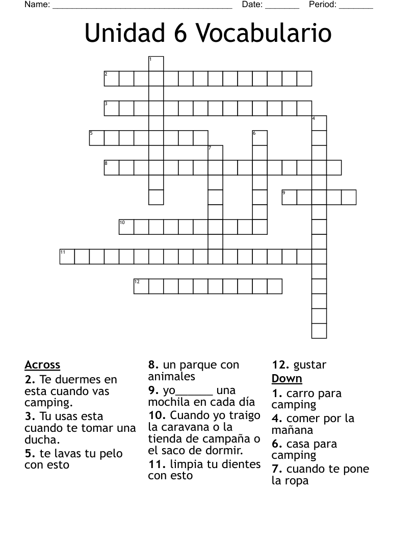 Unidad 6 Vocabulario Crossword