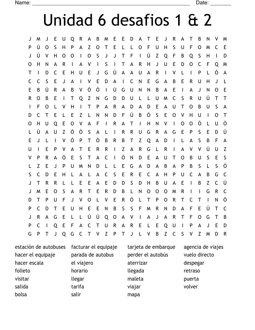 Unidad 6 desafios 1 & 2 Word Search