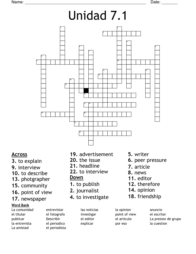 Unidad 7.1  Crossword