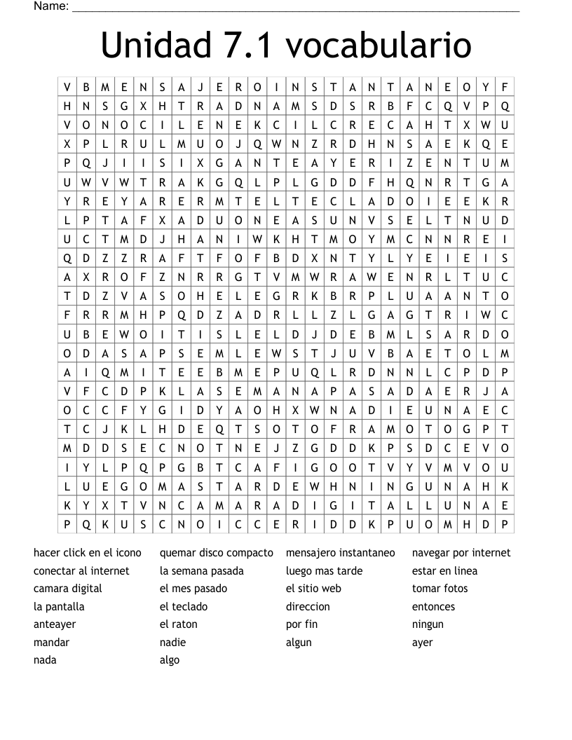 Unidad 7.1 vocabulario Word Search